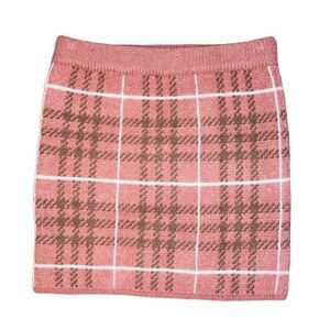 En Saison Sz Small Pink Brown White Plaid Print Mini Stretch Pull On Knit Skirt
